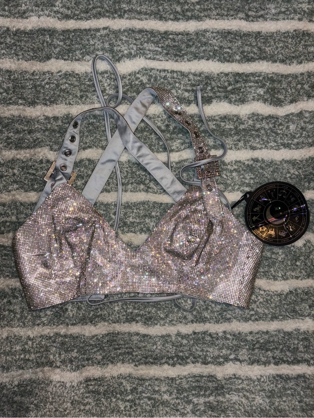 Dolls Kill Horoscopez Silver Rhinestone Diamond Tie Back Buckle Crop Top Bra